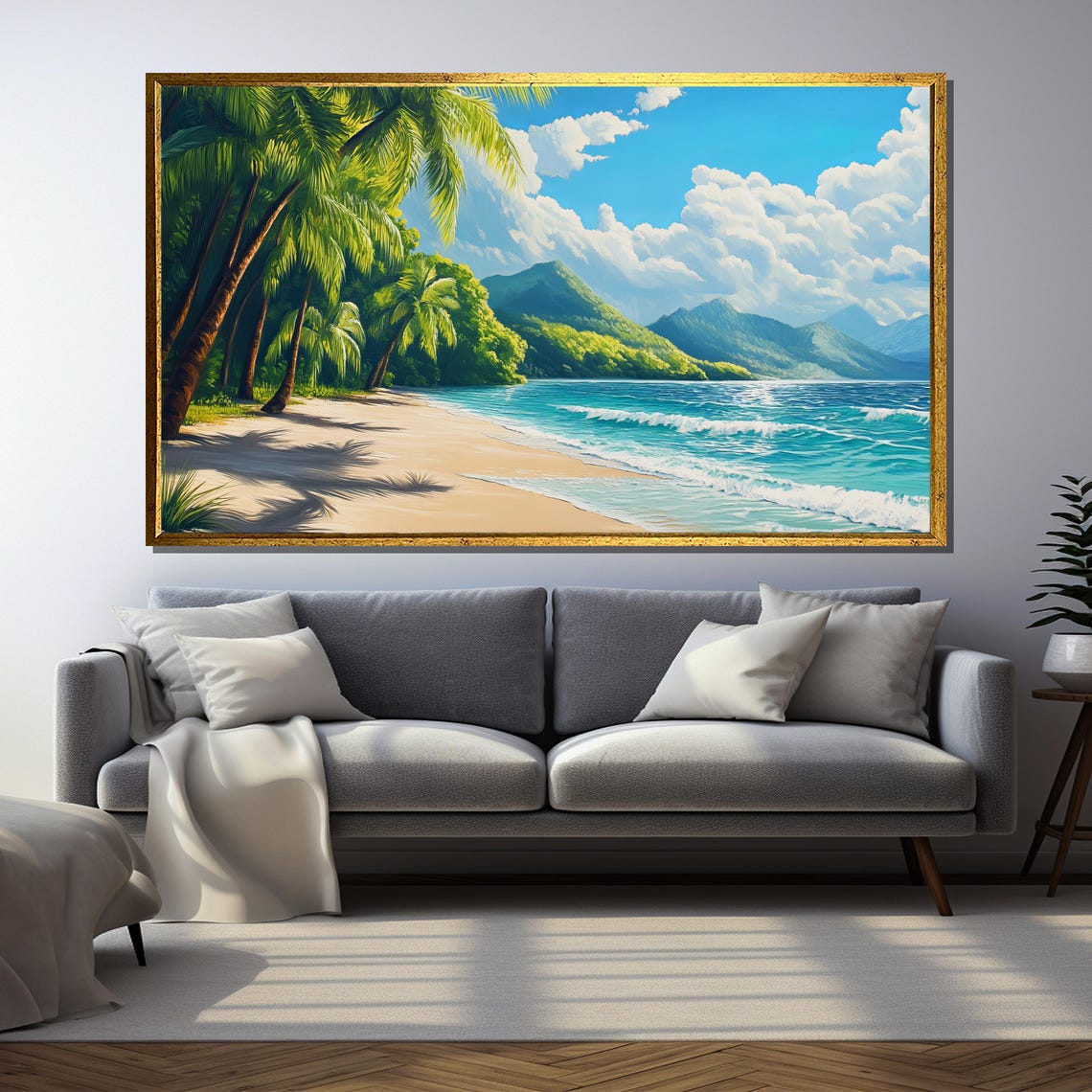 Tropical Beach Landscape Painting, Palm Trees Paradise