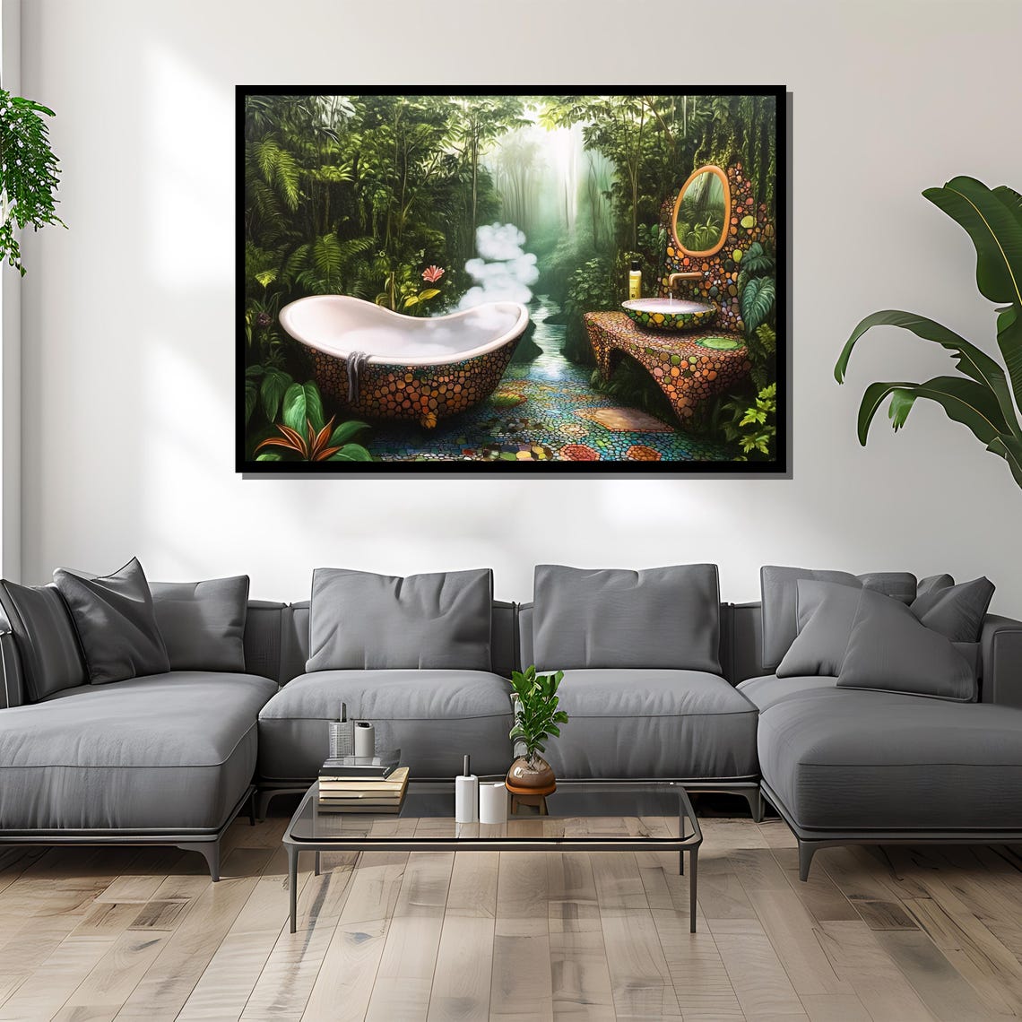 Whimsical Jungle Bathroom Art, Surreal Mosaic Forest Scene - Image 2