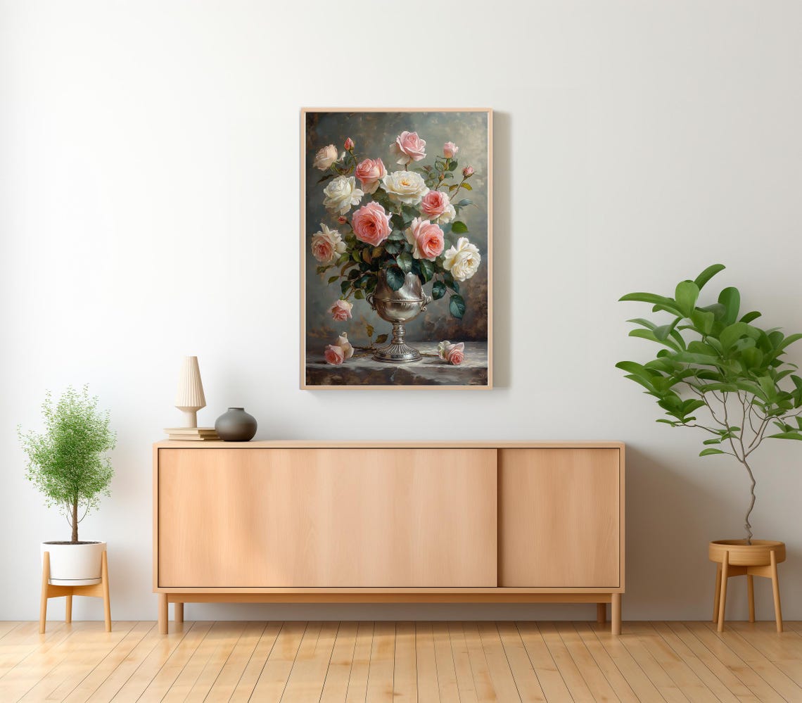 Pink and White Roses in Silver Urn Classic Floral Still Life Poster - Image 2