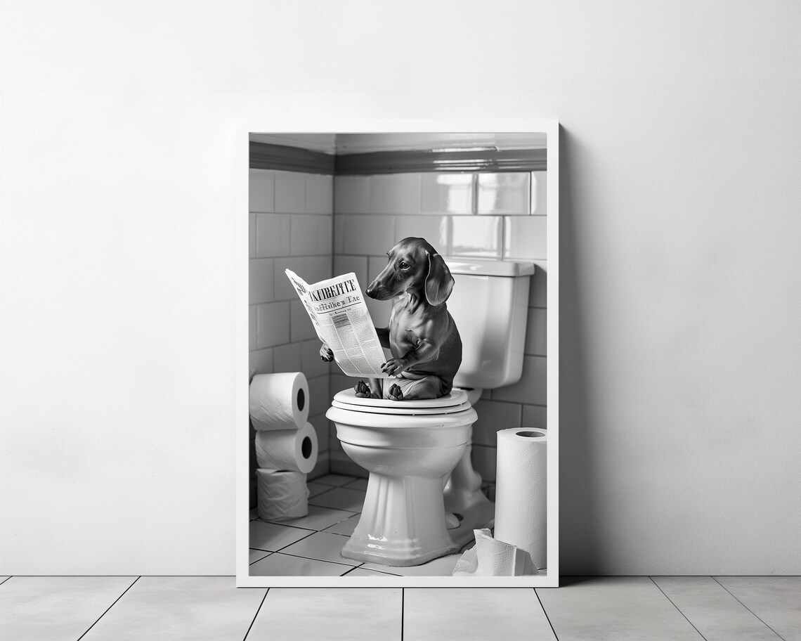 Dachshund On The Toilet With Newspaper Black And White Poster - Image 3