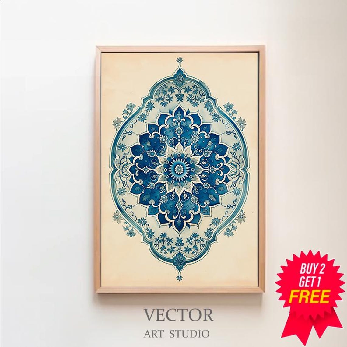 Blue Islamic Mandala Medallion on Cream Boho Ornament Poster