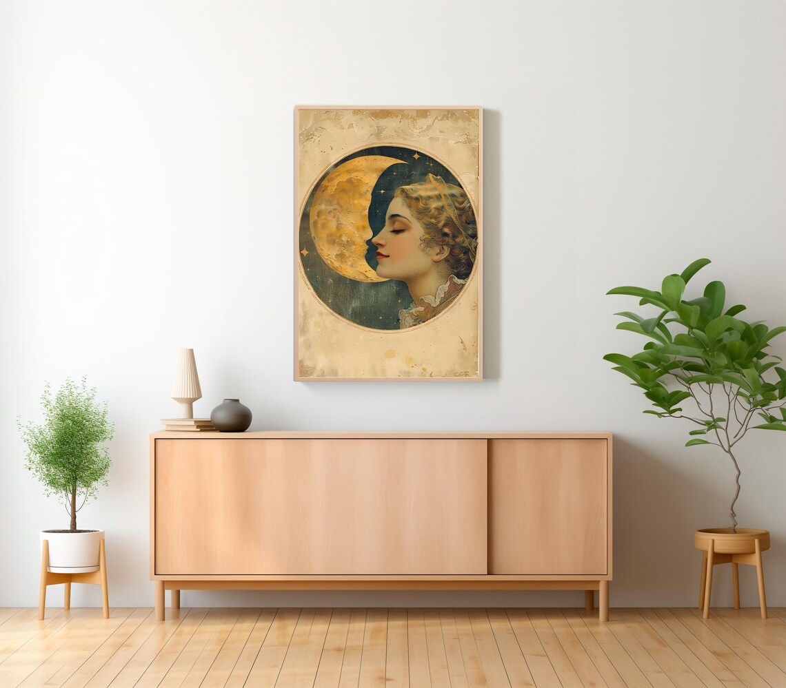 Woman Kissing the Crescent Moon Golden Celestial Romance Art Poster - Image 2