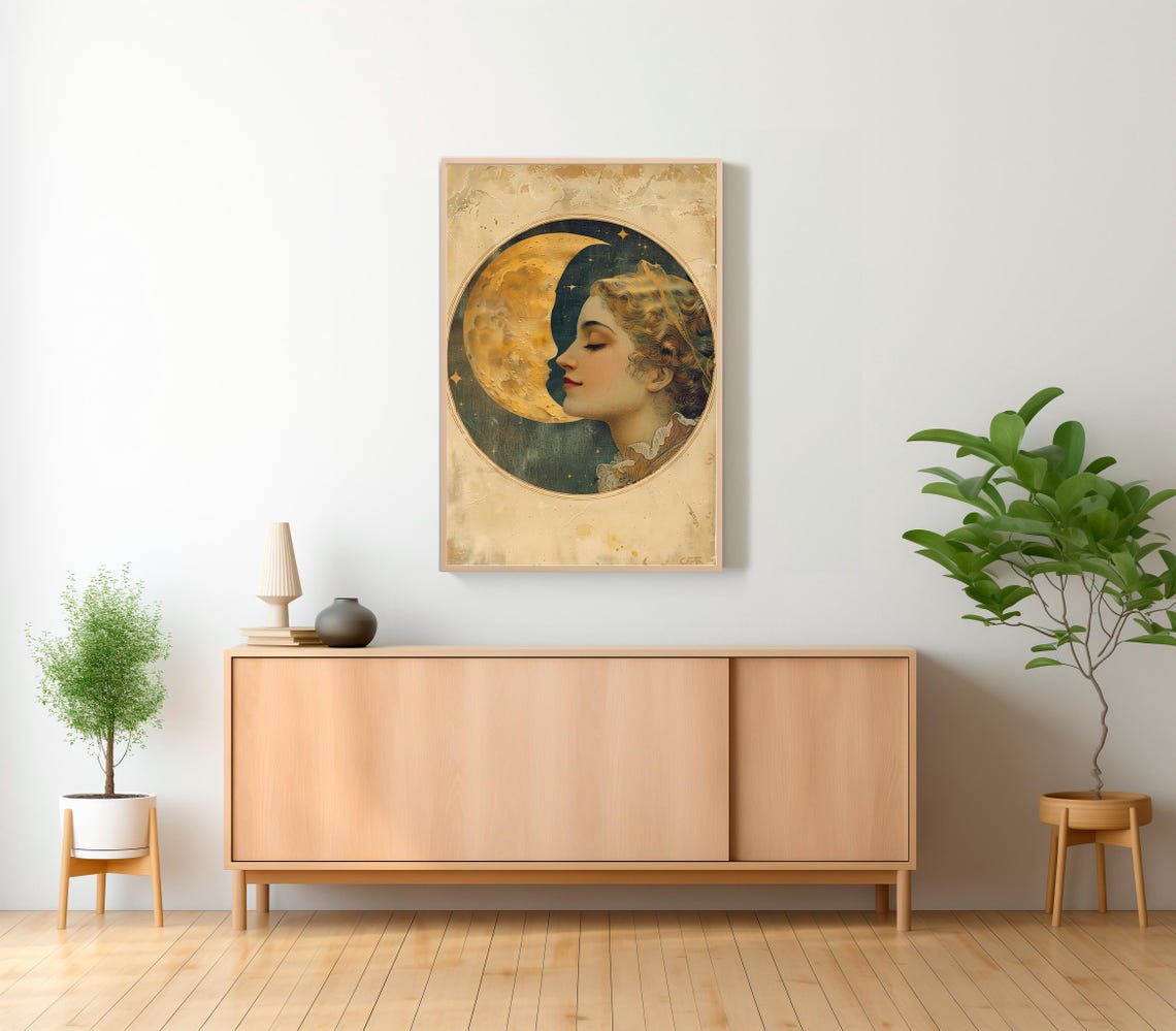 Woman Kissing The Moon Vintage Moon Art Vintage Moon Poster Celestial Art Dear Old Dixie Moon Moon Witch Art - Image 2