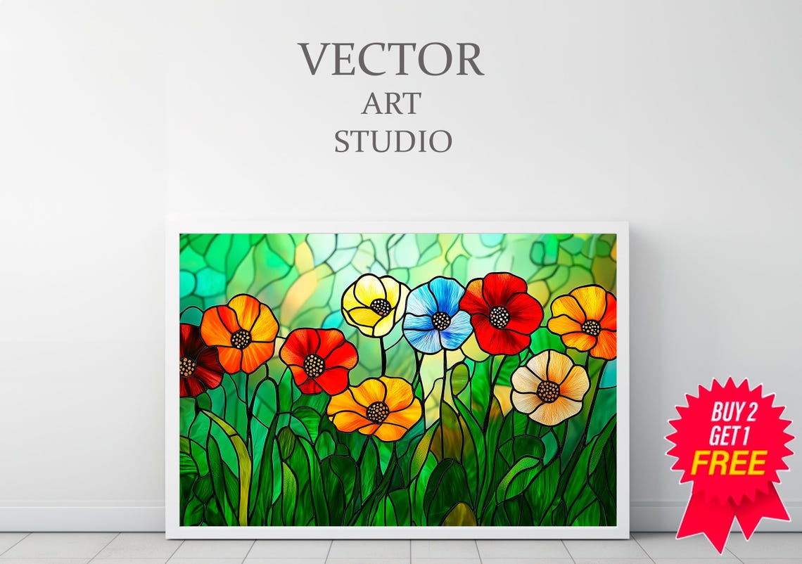 Stained Glass Poppies On A Green Background Floral Art Poster - Image 3