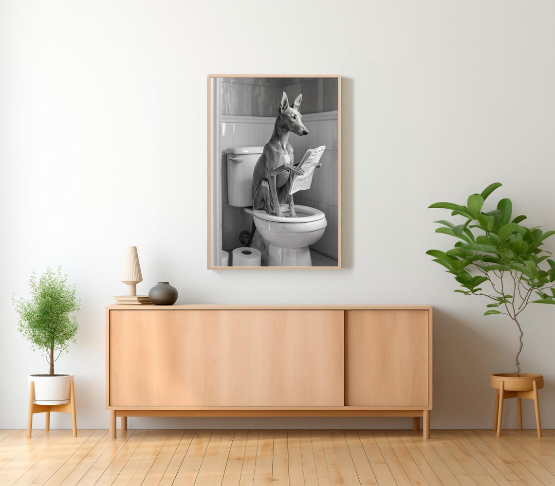 Greyhound On The Toilet Holding A Newspaper Funny B&W Poster - Image 2