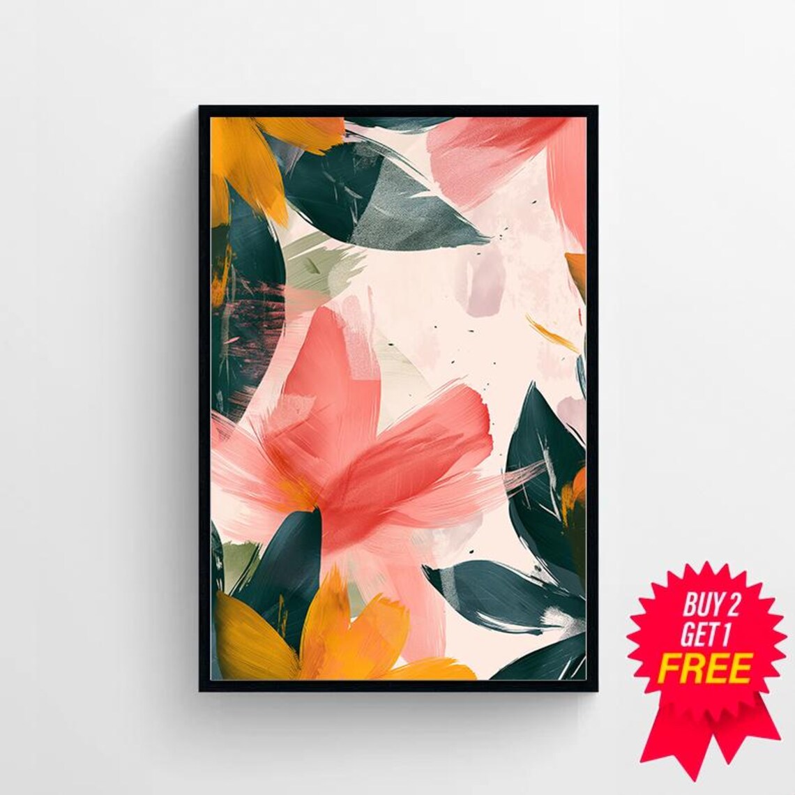 Bold Brushstroke Floral Abstract in Coral Pink and Green Poster - Image 4