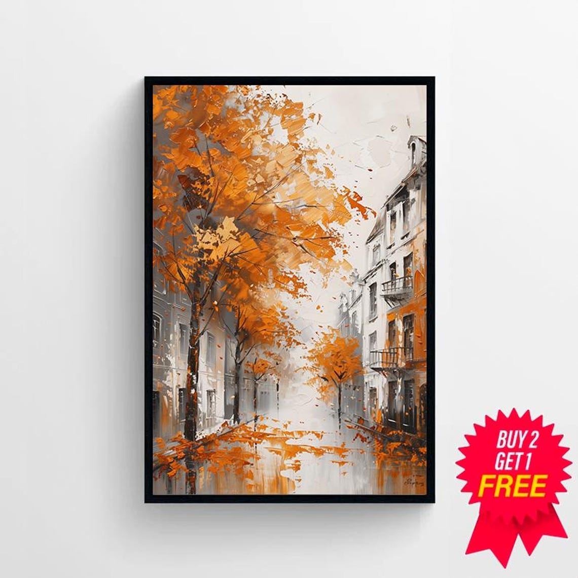 Rainy Autumn City Street Lined with Glowing Orange Trees Poster - Image 4