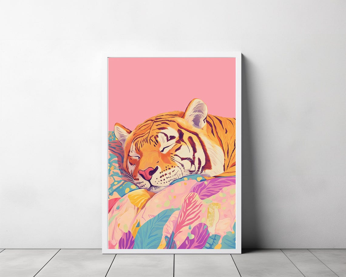 Sleeping Tiger Nestled in a Pastel Floral Blanket Dreamy Art Poster - Image 3