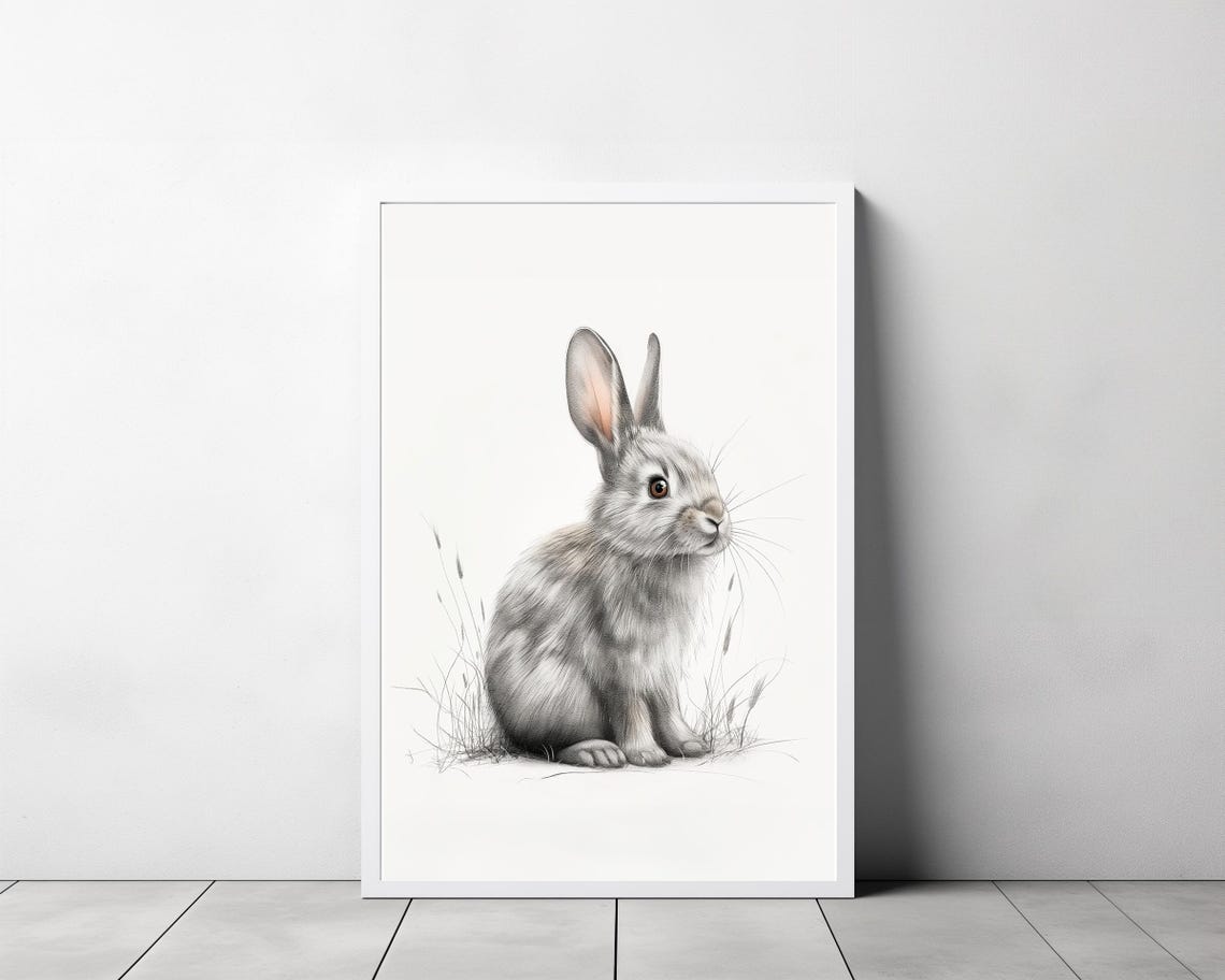 Grey Bunny Sketch Sitting In Grass Minimalist Pencil Rabbit Poster - Image 3