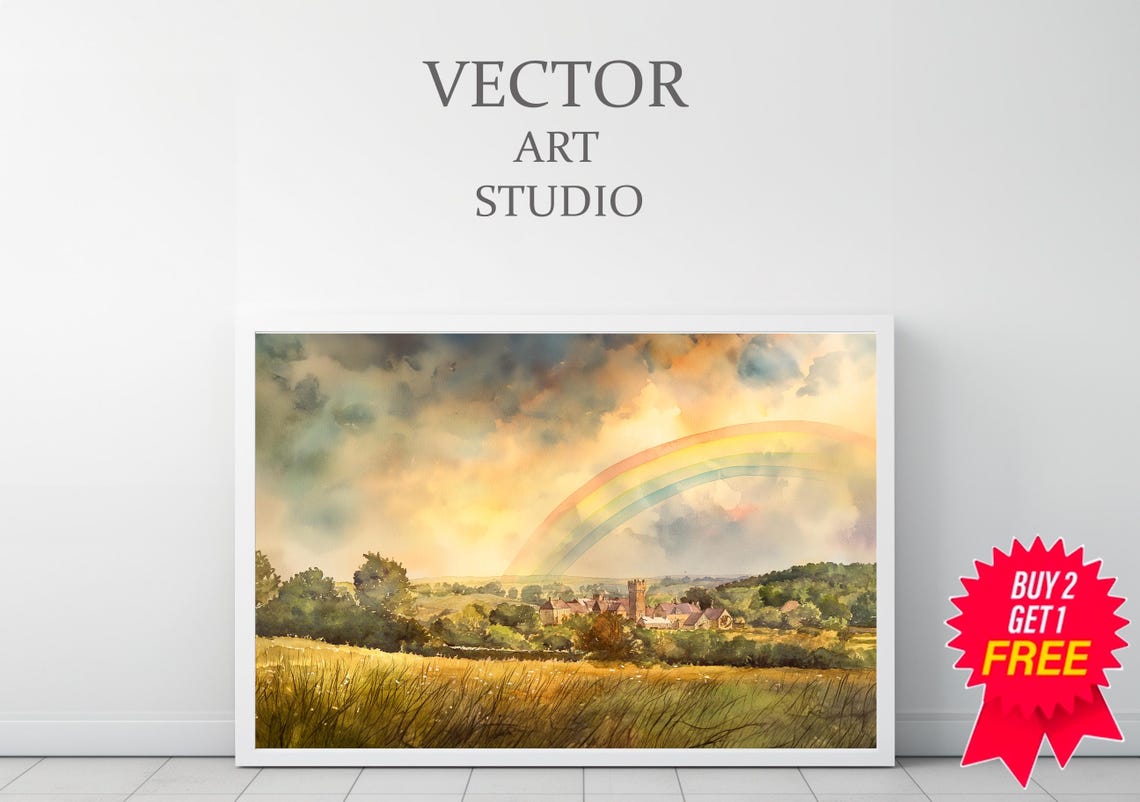 Rainbow Over Golden Countryside Village Watercolor Landscape Poster - Image 3