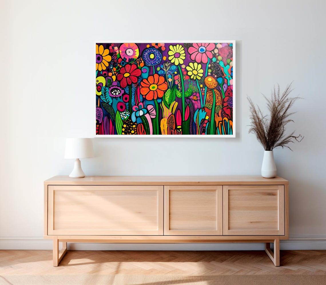 Vibrant Psychedelic Blossom Field Whimsical Folk Floral Poster - Image 2