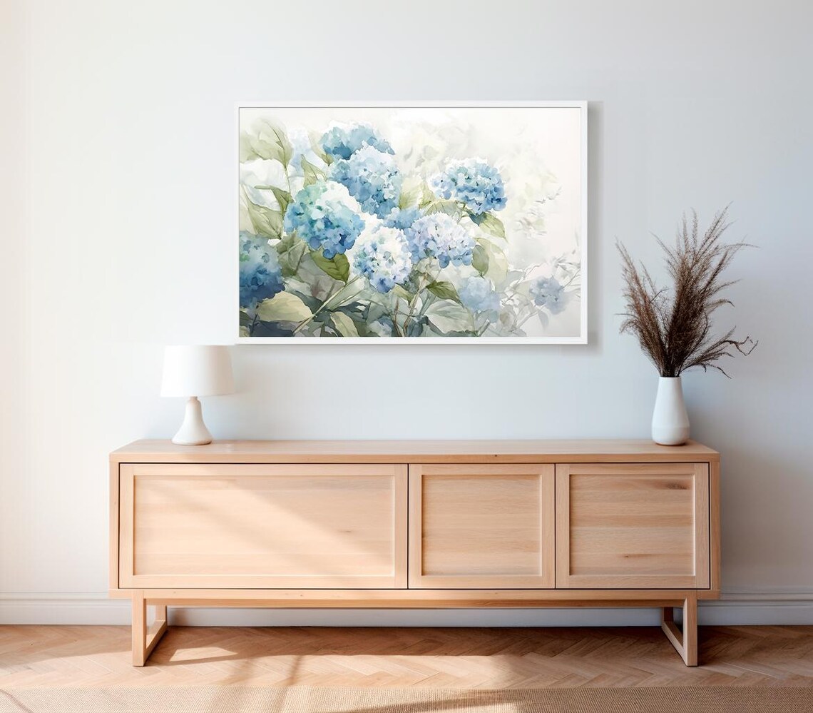 Blue Hydrangea Blooms Loose Watercolor Floral Painting Wall Art - Image 2