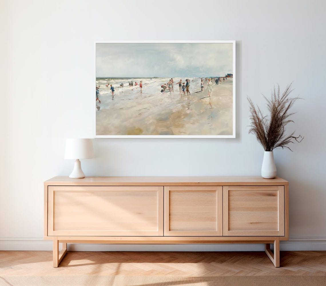 Vintage Beach Bathers Wading In Soft Surf Impressionist Scene Poster - Image 2
