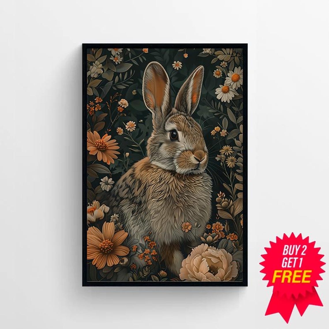 Brown Rabbit in Dark Floral Garden Vintage Botanical Animal Poster - Image 4