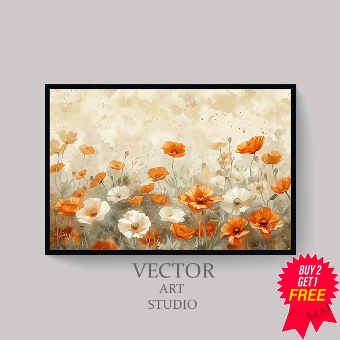 Orange and White Poppies in Watercolor Soft Floral Meadow Poster - Image 4