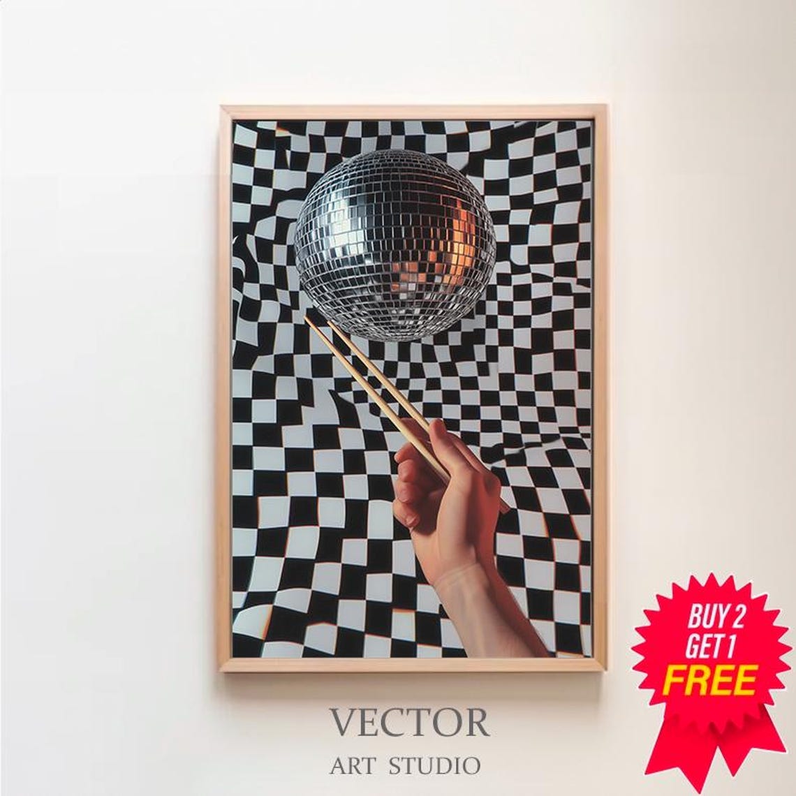 Silver Disco Ball over Chopsticks on a Wavy Checkered Poster