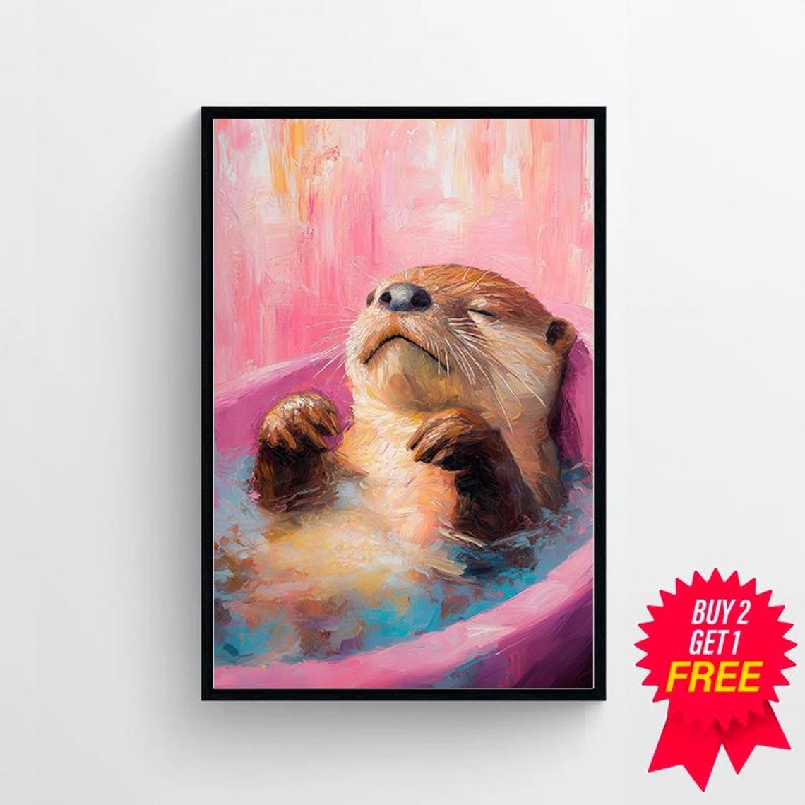Blissful Otter Enjoying a Bubble Bath in Pink and Blue Art Poster - Image 4
