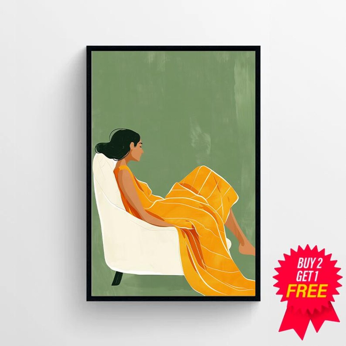 Woman in a Flowing Orange Dress Resting on a White Chair Poster - Image 4