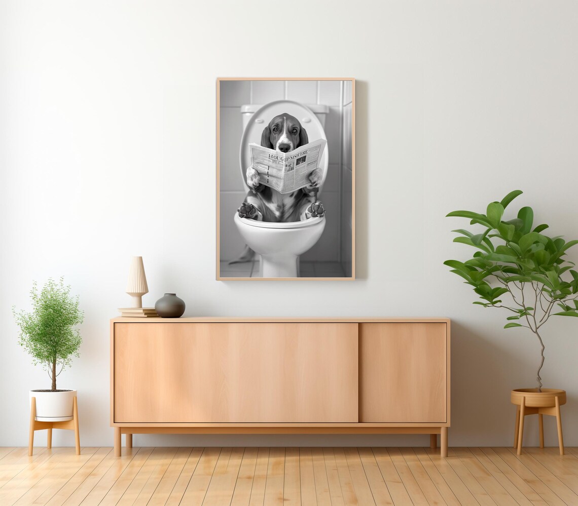Basset Hound Reading Newspaper on Toilet Funny Bathroom Poster - Image 2