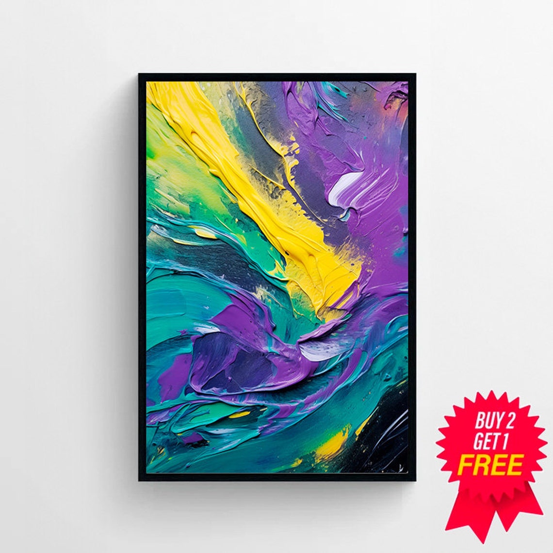 Bold Violet Teal and Golden Yellow Impasto Abstract Painting Poster - Image 4