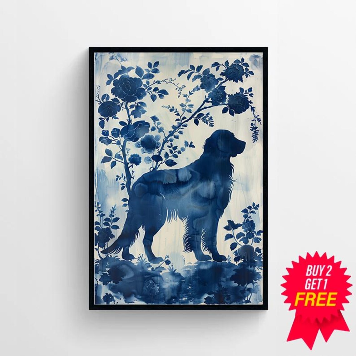 Cobalt Blue Dog with Roses Porcelain Floral Dog Portrait Art Print - Image 4