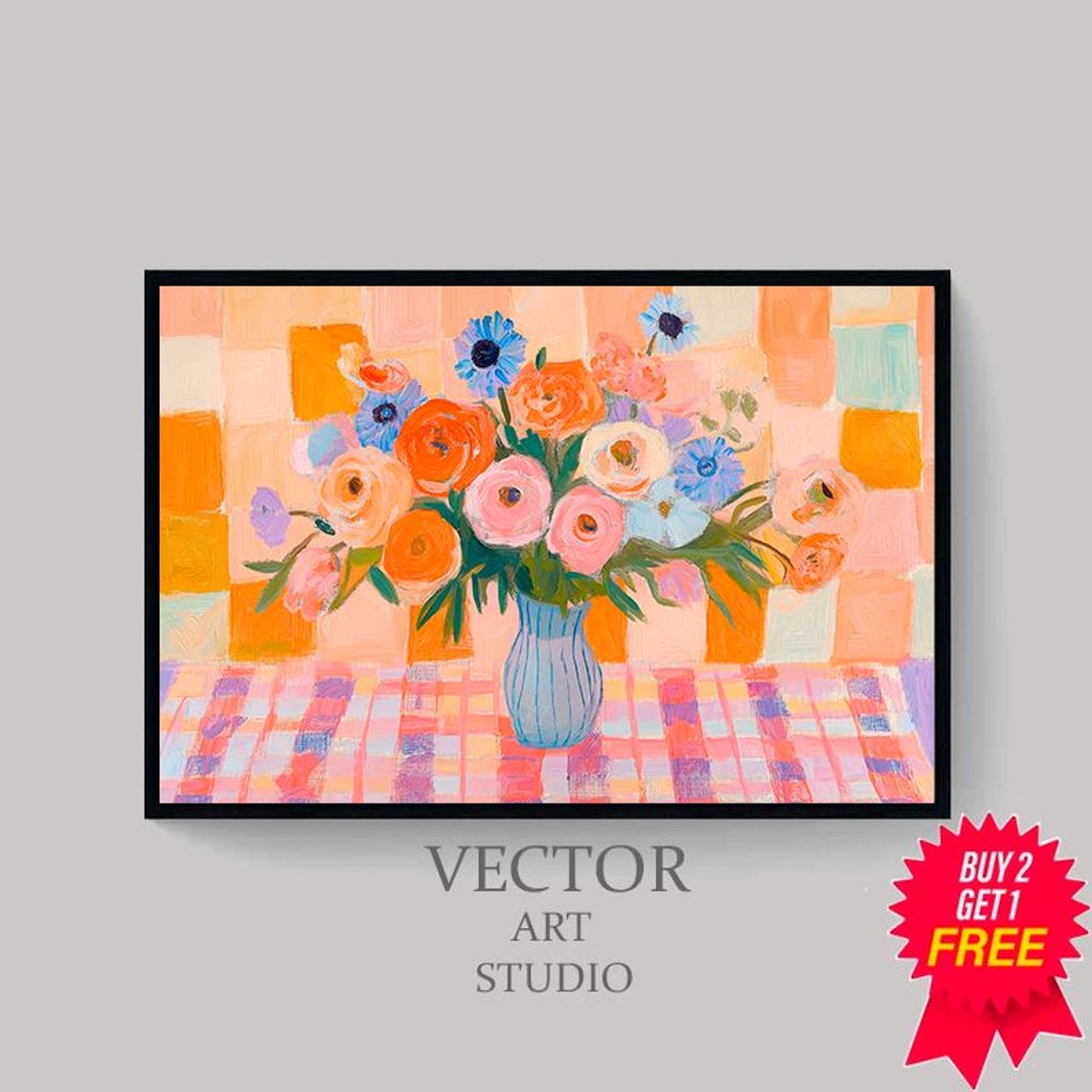 Still Life Frame Tv Art Maximalist Mid Century Modern Bold Flower Tv Picture Colorful Floral Vibrant Checkerboard Textured Oil Painting - Image 4