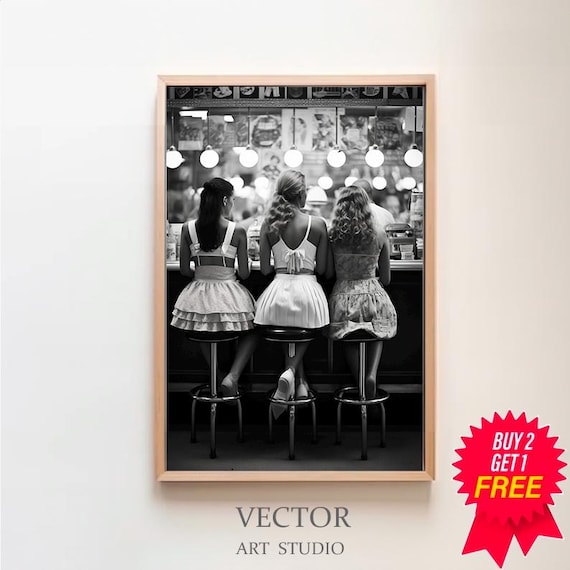 Women Drinking At Bar, Black-And-White Retro Art Print