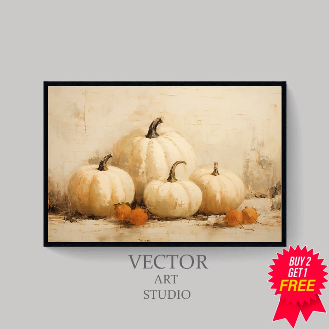 White Pumpkins with Persimmons Rustic Fall Still Life Wall Poster - Image 4