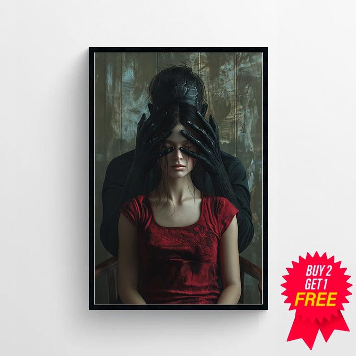 Devil Embrace Woman In Red Dress Dark Figure Behind Gothic Poster - Image 4