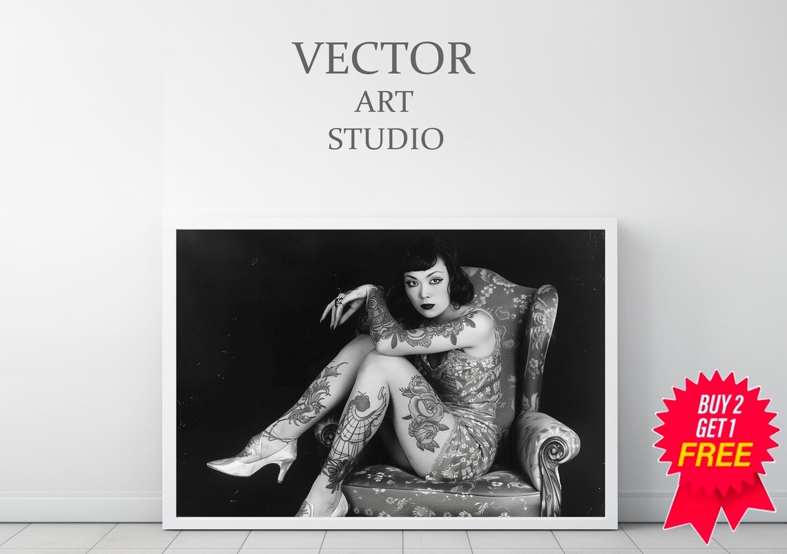 Tattooed Woman Reclining Portrait Vintage Black and White Photo Poster - Image 3