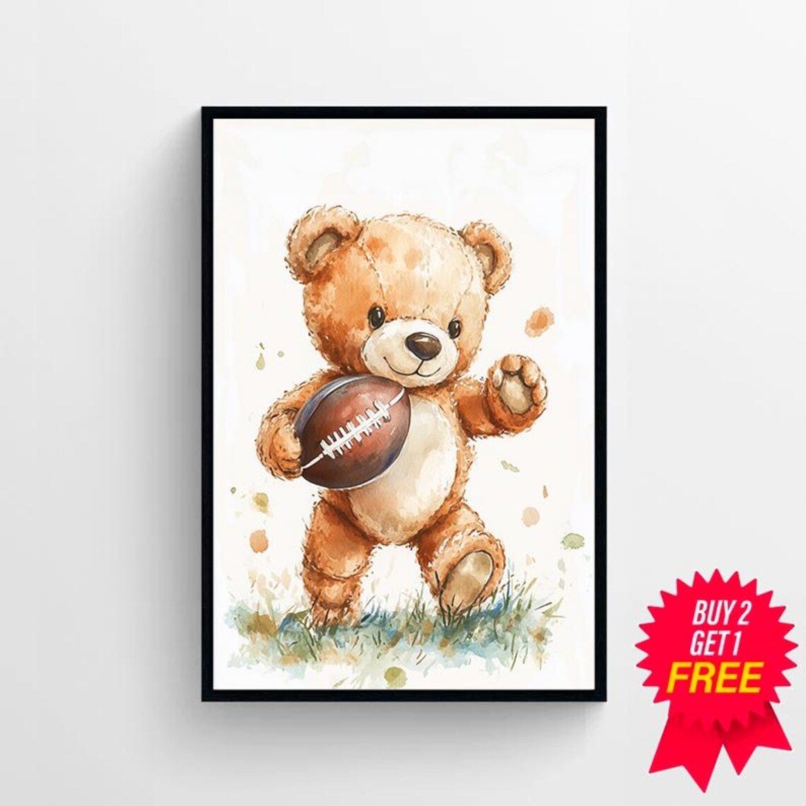 Teddy Bear Running American Football Watercolor Nursery Poster - Image 4