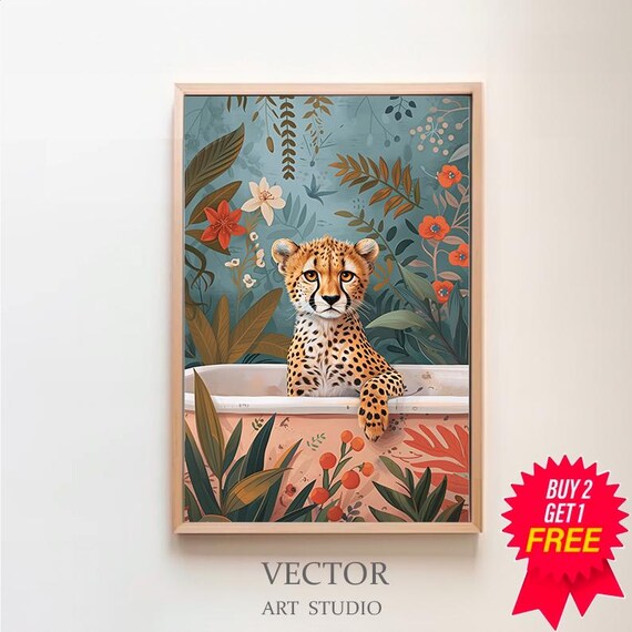 Cheetah Cub Bathing in Bathtub Against Blue Botanical Flower Poster