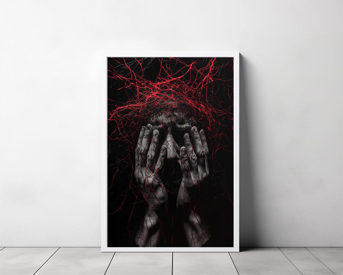 Dark Horror Figure Head In Hands Red Nerve Lines Gothic Art Poster - Image 3