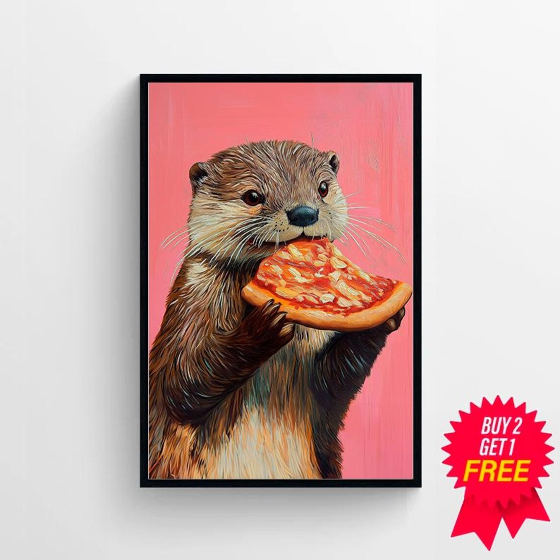 Otter Eating a Slice of Pizza on a Pink Background Funny Animal Poster - Image 4