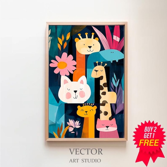 Colorful Safari Animal Faces Lion Giraffe Kids Nursery Poster