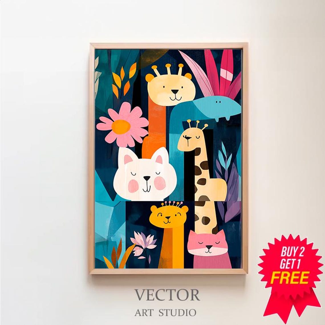 Colorful Safari Animal Faces Lion Giraffe Kids Nursery Poster