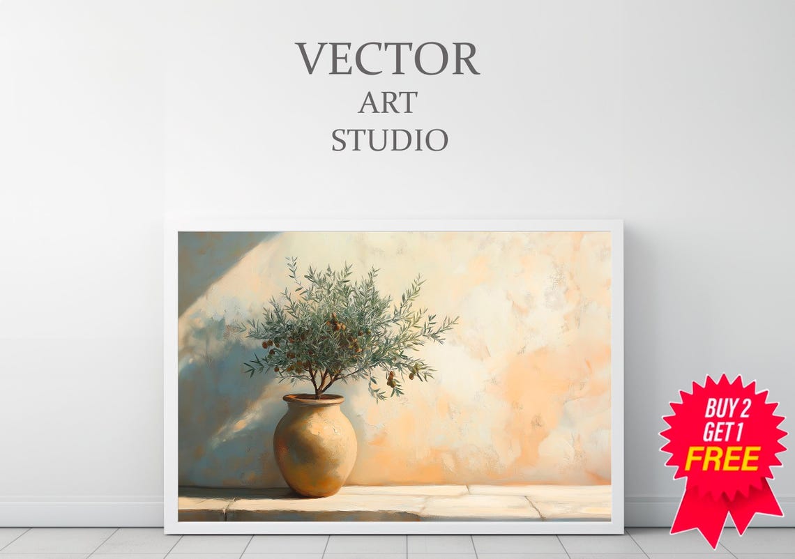 Sunlit Olive Tree In Rounded Clay Pot Mediterranean Style Poster - Image 3