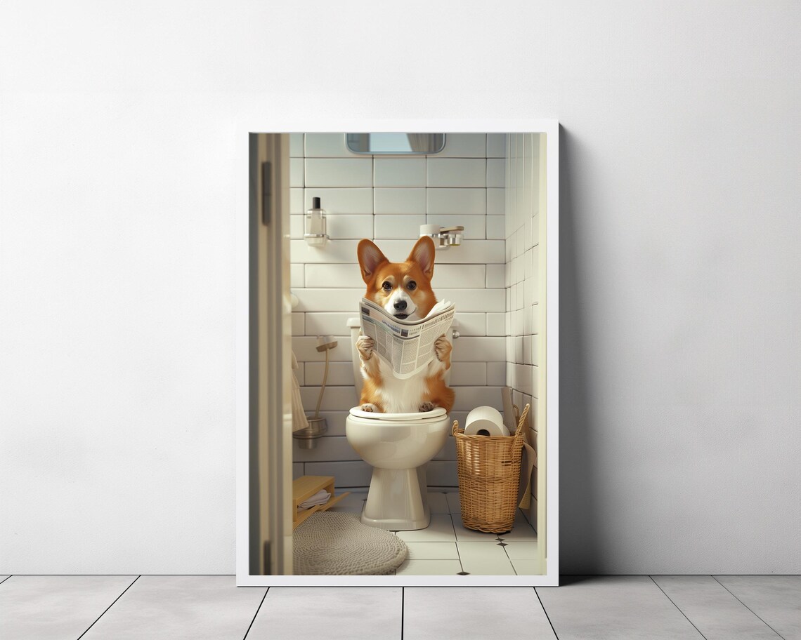 Pembroke Welsh Corgi in Toilet Bathroom Art Print - Image 3