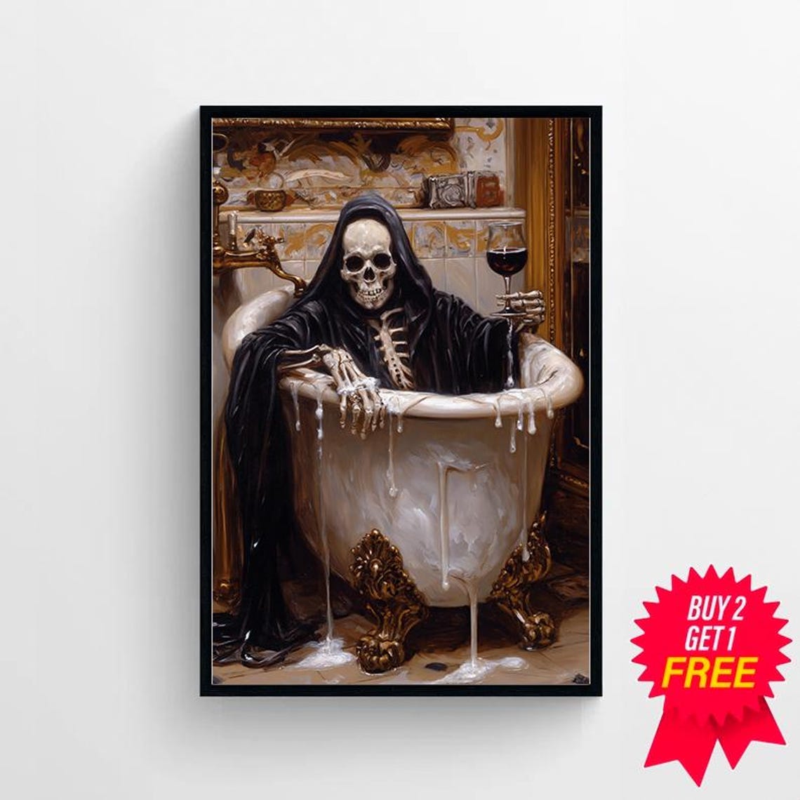 Grim Reaper In Bubble Bath Drinking Red Wine Dark Gothic Poster - Image 4