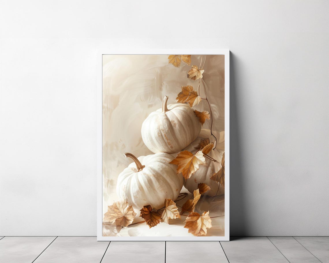 White Pumpkins And Golden Leaves Neutral Fall Harvest Art Poster - Image 3