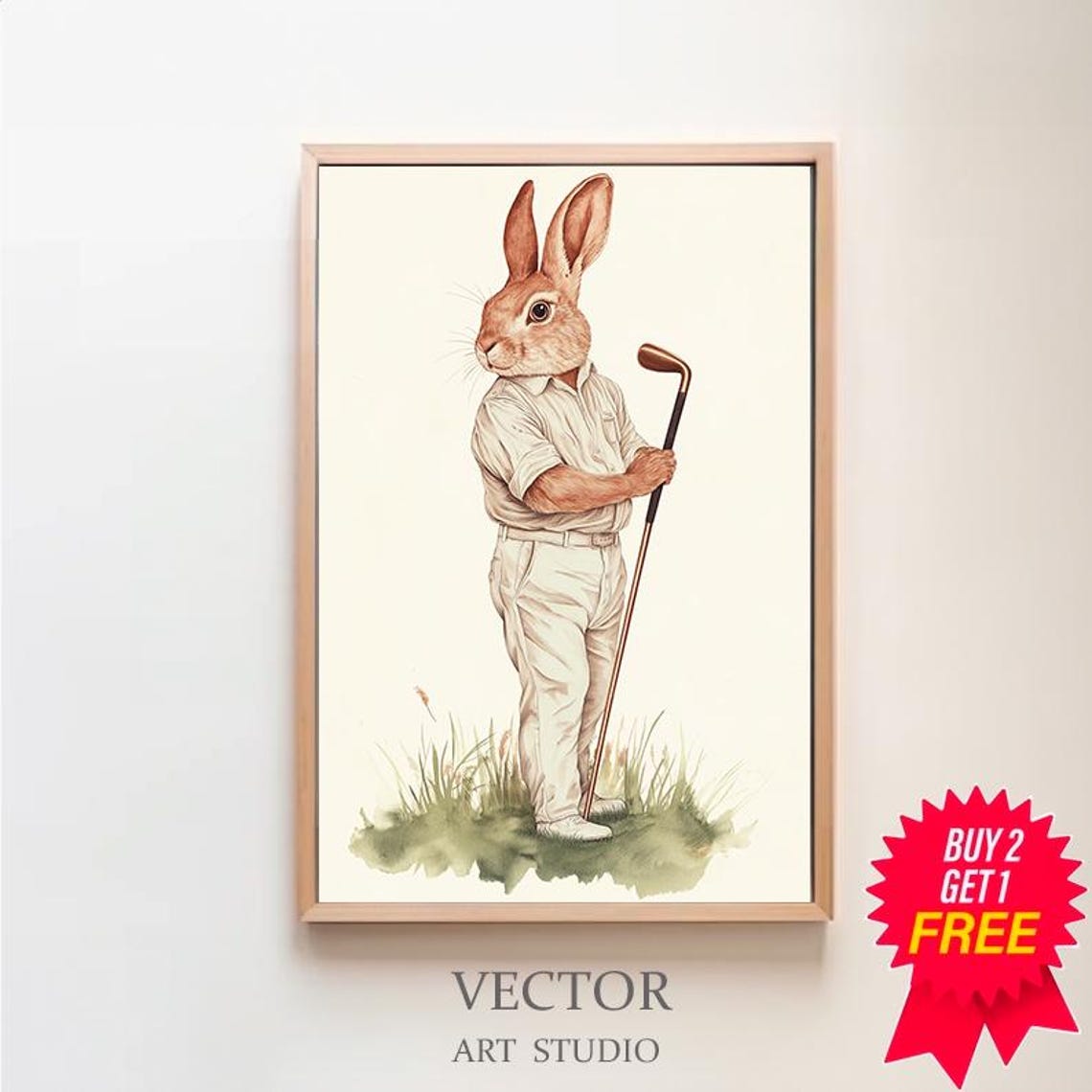 Rabbit Golfer in White Outfit Leaning on a Vintage Golf Club Poster