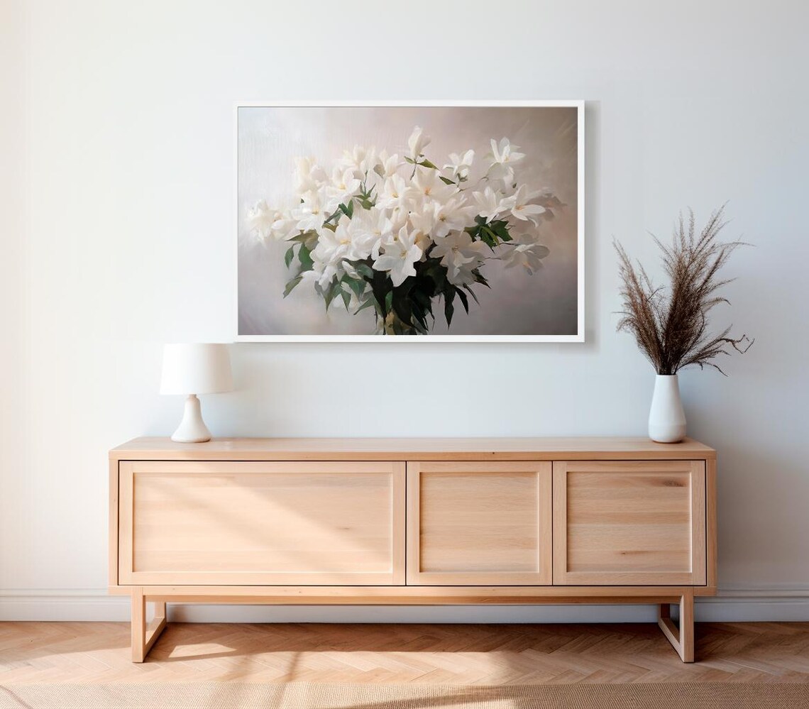 White Blossom Bouquet On Soft Gray Oil Painting Floral Poster - Image 2