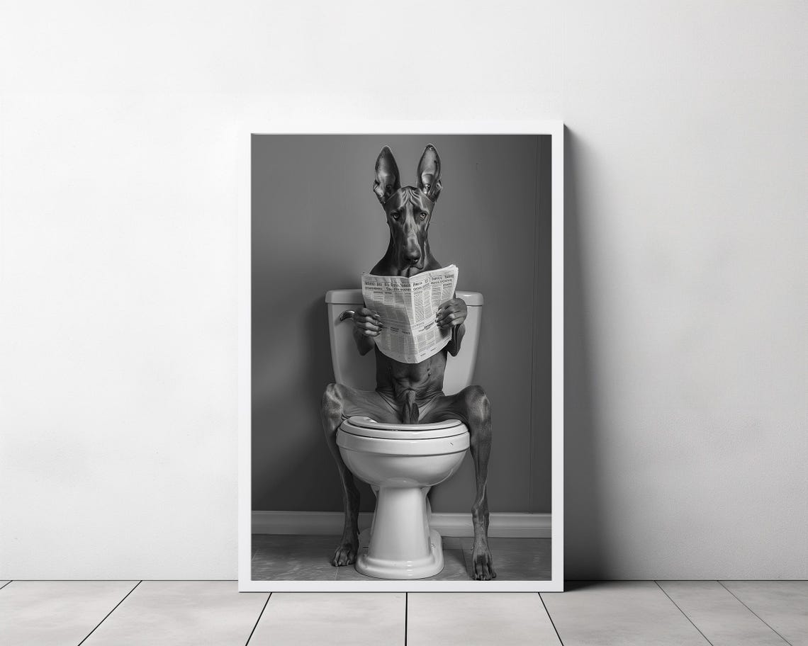 Doberman Reading Newspaper on Toilet Funny Dog Bathroom Photo Poster - Image 3