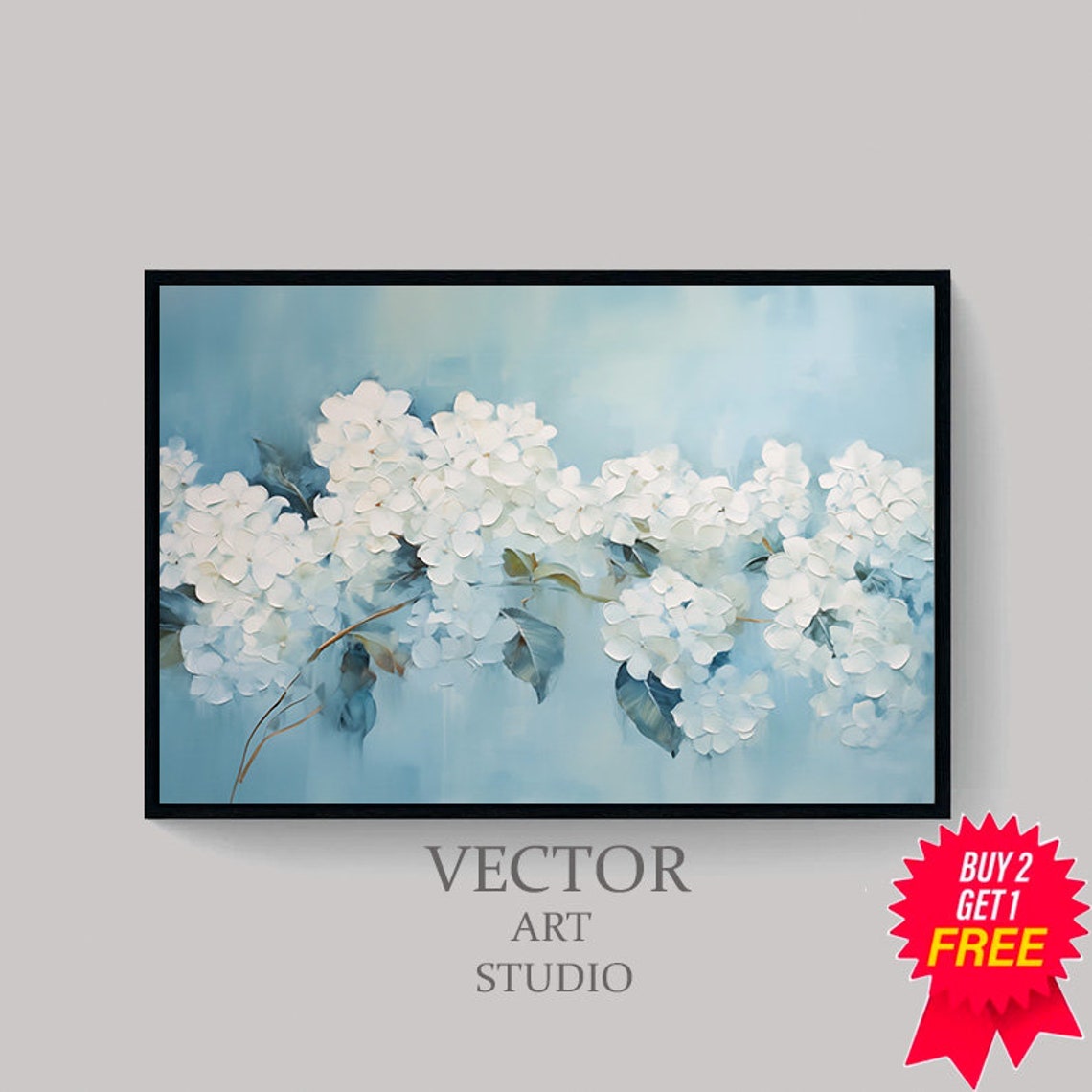 White Hydrangea Blossoms on Soft Blue Vintage Spring Botanical Poster - Image 4
