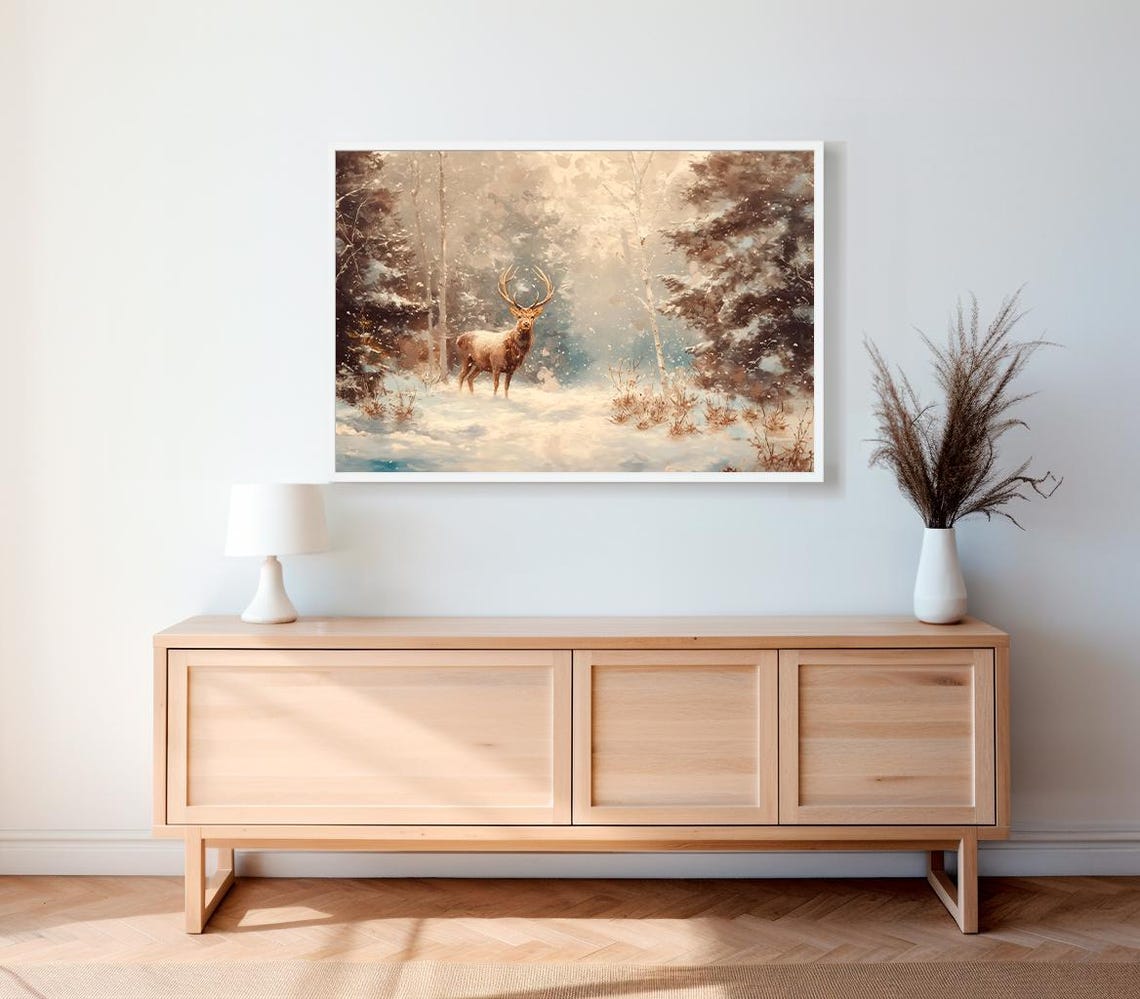 Front Facing Stag In Snowy Pine Forest Winter Day Scene Poster - Image 2