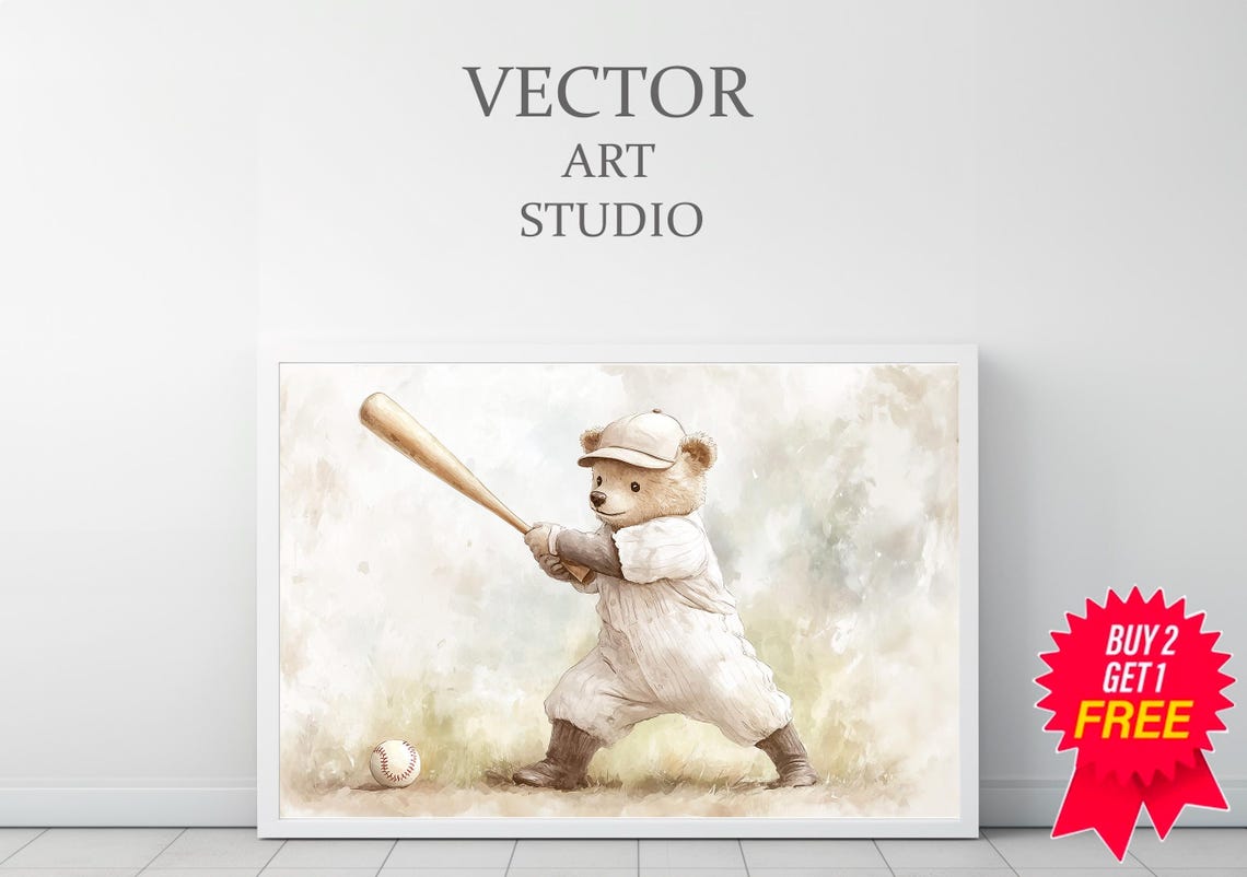 Teddy Bear Baseball Player in Pinstripes Nursery Sports Poster - Image 3