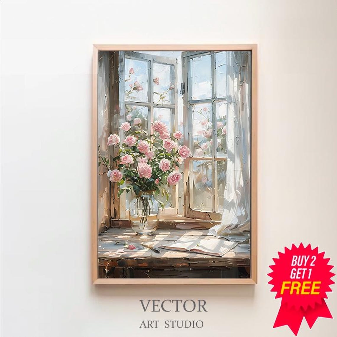 Pink Roses in Glass Vase by Sunlit French Windows Art Poster