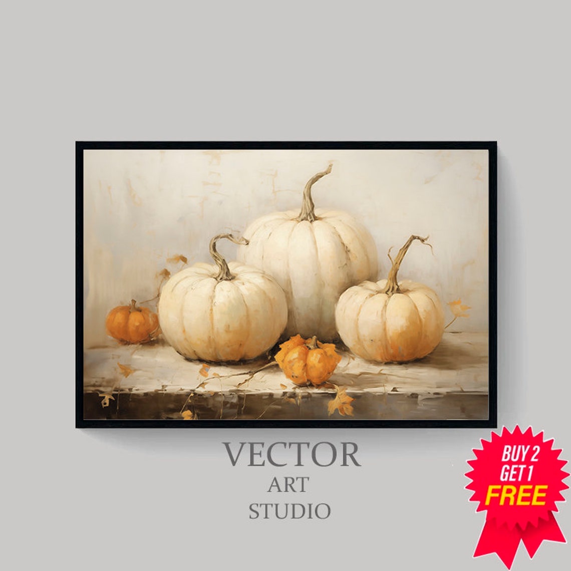 White Pumpkins on a Rustic Table Warm Neutral Fall Still Life Poster - Image 4