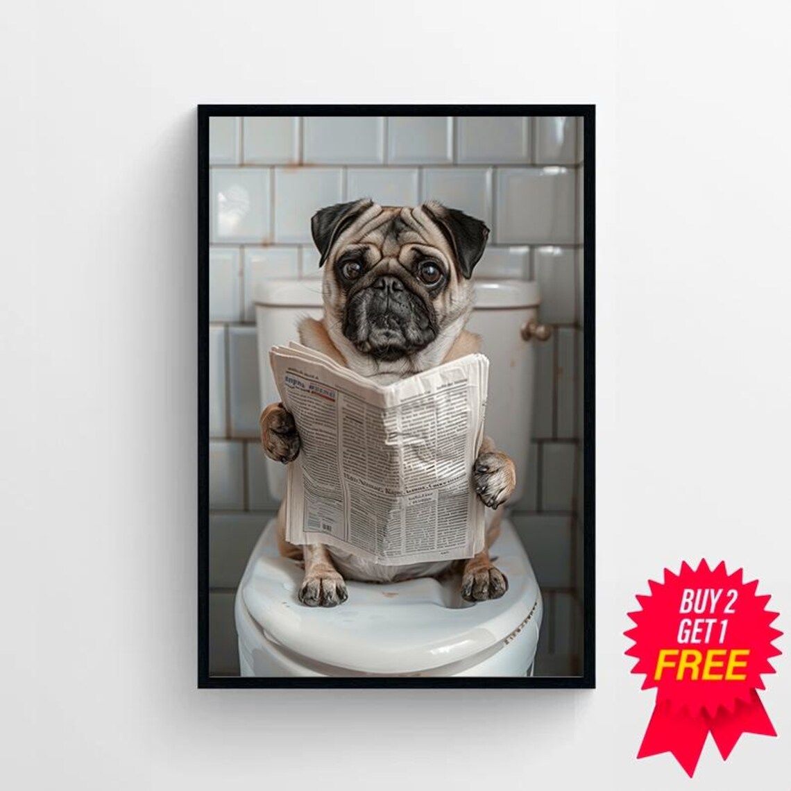 Pug Reading Newspaper on Toilet Funny Full Color Bathroom Art Poster - Image 4