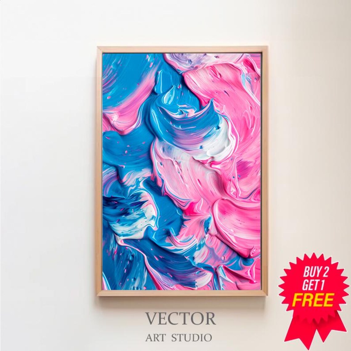 Bold Blue and Pink Swirled Abstract Impasto Oil Painting Wall Art